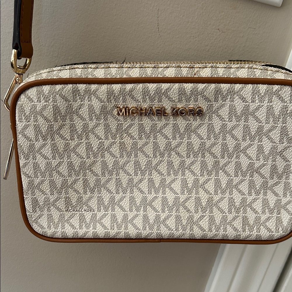 Michael Kors Monogram Cream and Tan Crossbody Bag